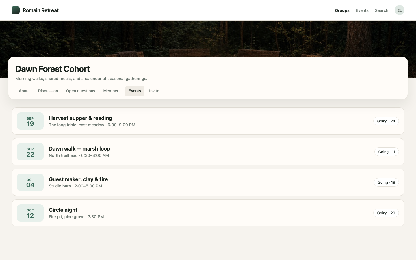 Romain Retreat group events calendar with dates, locations, and RSVP counts