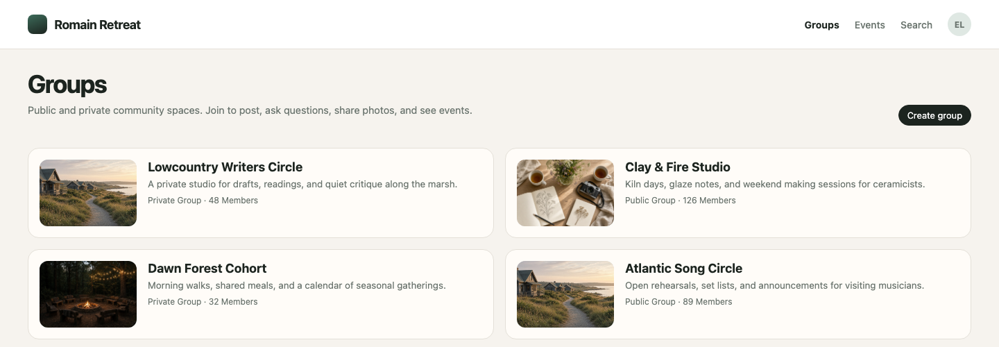 Romain Retreat groups directory with public and private community spaces