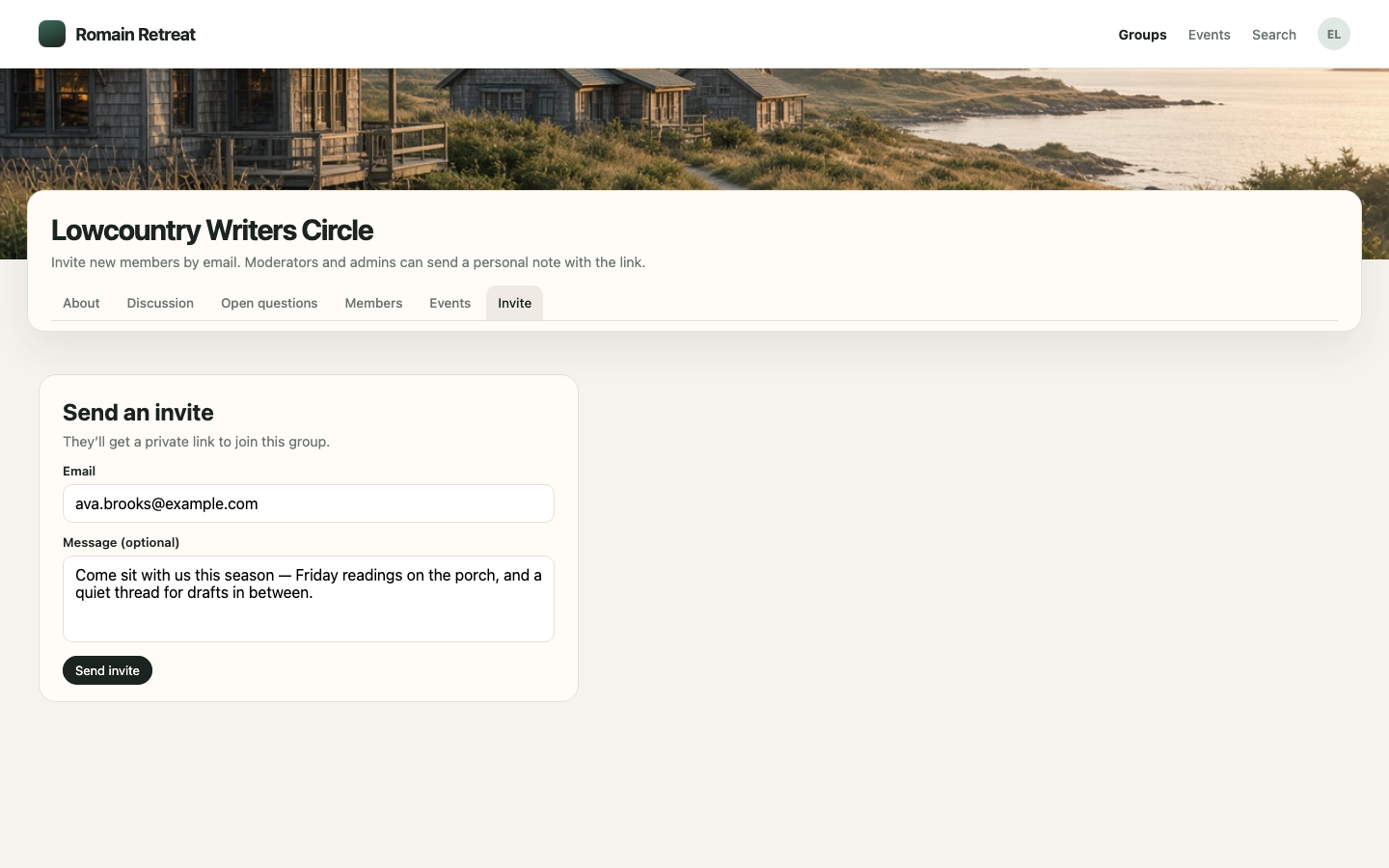 Romain Retreat private-group email invite form